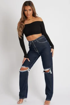 Rebellious Fashion Black Off the Shoulder Long Sleeve Ruched Crop Top - Kali