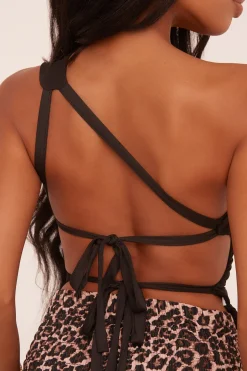 Rebellious Fashion Black One Shoulder Asymmetric Tie Back Cropped Top - Caara