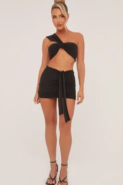 Rebellious Fashion Black One Shoulder Cropped Top & Ruched Mini skirt Co-ord Set - Dahlia