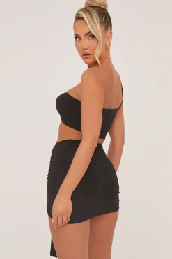 Rebellious Fashion Black One Shoulder Cropped Top & Ruched Mini skirt Co-ord Set - Dahlia