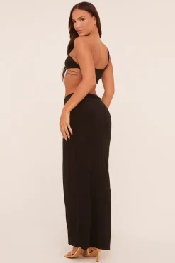 Rebellious Fashion Black One Shoulder Crop Top & Twist Detail Maxi Skirt Co-ord Set - Kacie