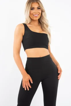 Rebellious Fashion Black One Shoulder Crop Top and Leggings Co-Ord - Marrie