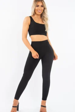 Rebellious Fashion Black One Shoulder Crop Top and Leggings Co-Ord - Marrie