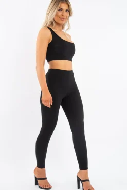Rebellious Fashion Black One Shoulder Crop Top and Leggings Co-Ord - Marrie