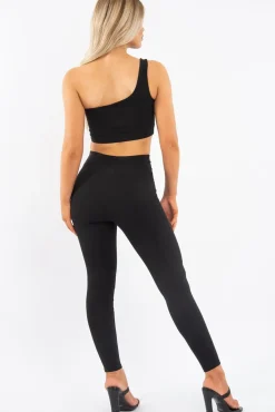 Rebellious Fashion Black One Shoulder Crop Top and Leggings Co-Ord - Marrie