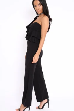 Rebellious Fashion Black One Shoulder Ruffle Jumpsuit - Shelley
