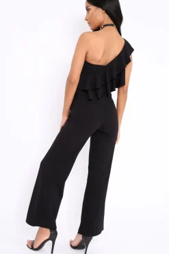 Rebellious Fashion Black One Shoulder Ruffle Jumpsuit - Shelley