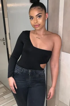 Rebellious Fashion Black One Sleeve Cut Out Bodysuit - Lyana