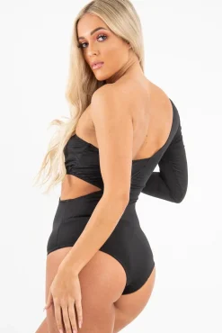 Rebellious Fashion Black One Sleeve Cut Out Bodysuit - Lyana