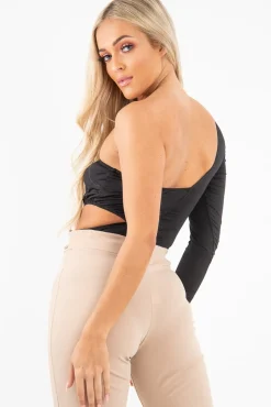 Rebellious Fashion Black One Sleeve Cut Out Bodysuit - Lyana