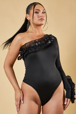 Rebellious Fashion Black One Sleeve Frill Detail Bodysuit - Nora