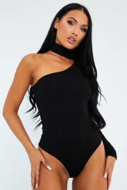 Rebellious Fashion Black One Sleeve High Neck Bodysuit - Qin
