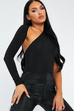 Rebellious Fashion Black One Sleeve Slinky Bodysuit - Adeen