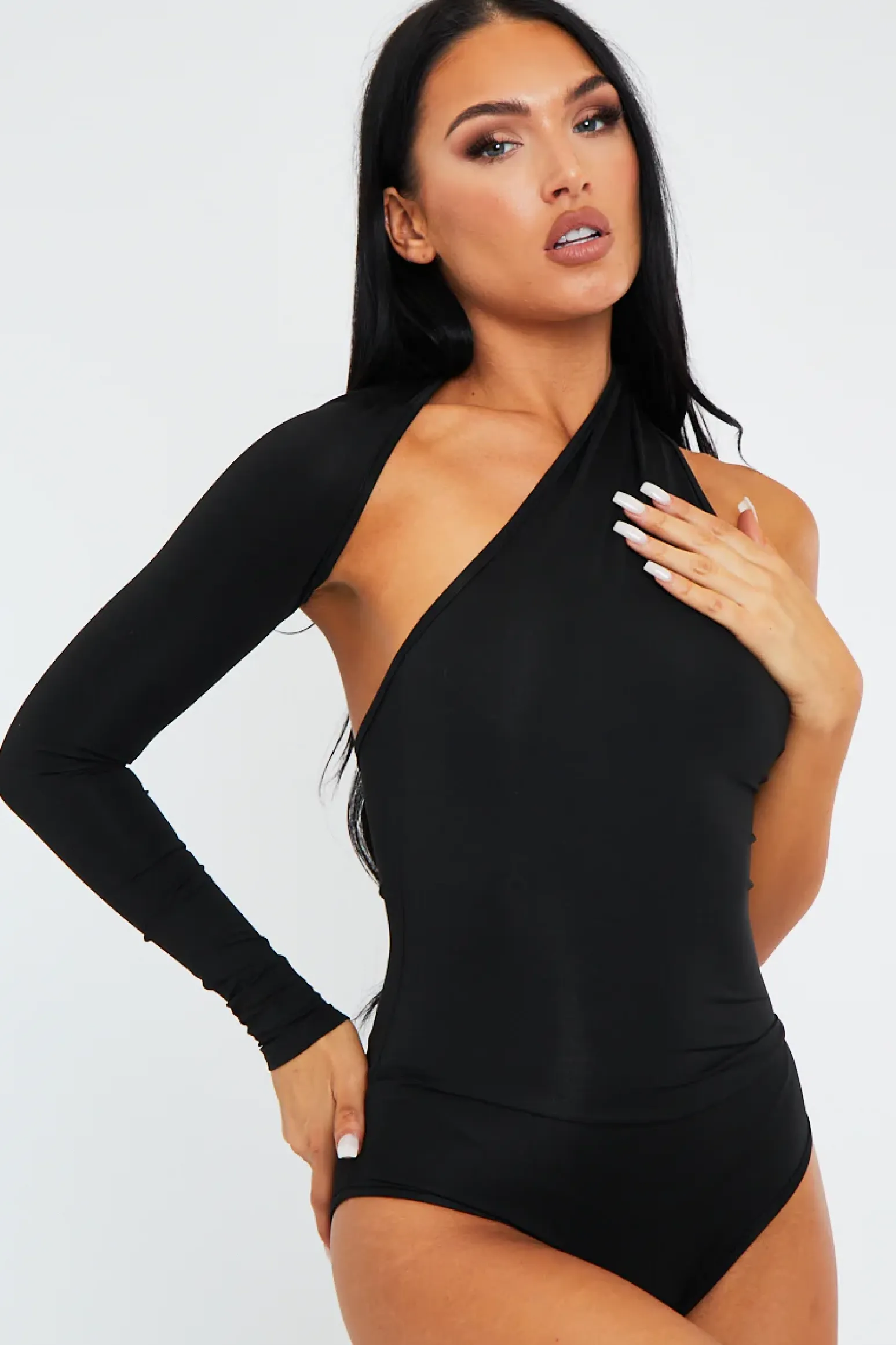 Rebellious Fashion Black One Sleeve Slinky Bodysuit - Adeen
