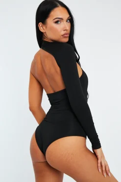 Rebellious Fashion Black One Sleeve Slinky Bodysuit - Adeen