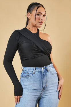 Rebellious Fashion Black One Sleeve Twist Front Bodysuit - Wren