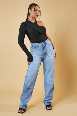 Rebellious Fashion Black One Sleeve Twist Front Bodysuit - Wren