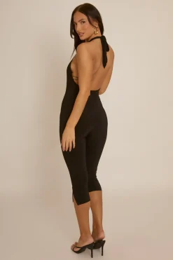 Rebellious Fashion Black Open Back Capri Length Jumpsuit - Wendy