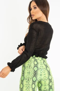 Rebellious Fashion Black Open Knit Ruffle Hem Crop Jumper - Carrie