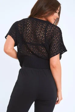 Rebellious Fashion Black Open Knit Short Sleeve Top - Elene