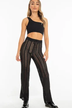 Rebellious Fashion Black Open Knit Tie Waist Flared Trousers - Nadine