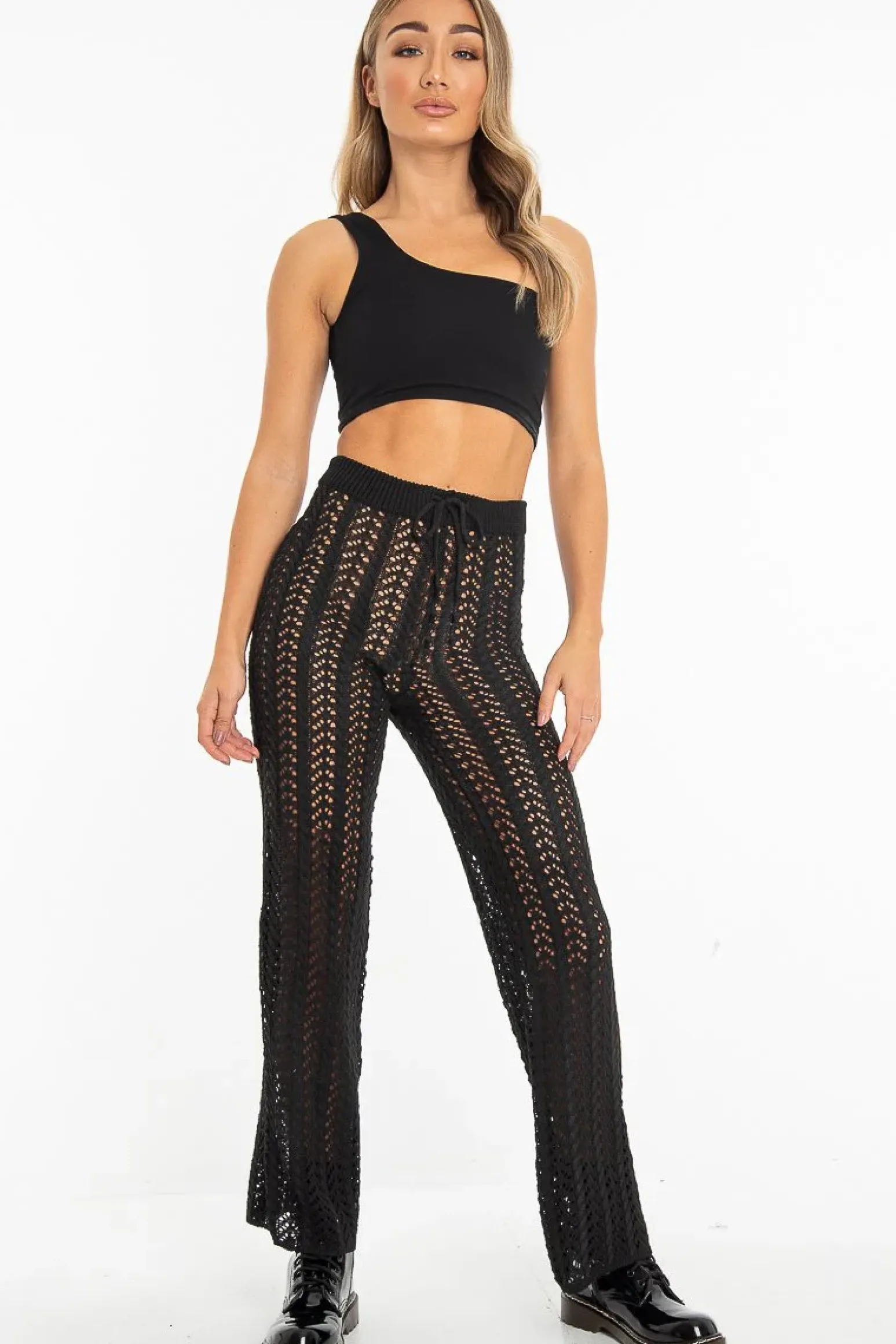 Rebellious Fashion Black Open Knit Tie Waist Flared Trousers - Nadine