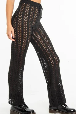 Rebellious Fashion Black Open Knit Tie Waist Flared Trousers - Nadine