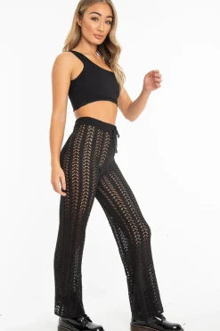 Rebellious Fashion Black Open Knit Tie Waist Flared Trousers - Nadine