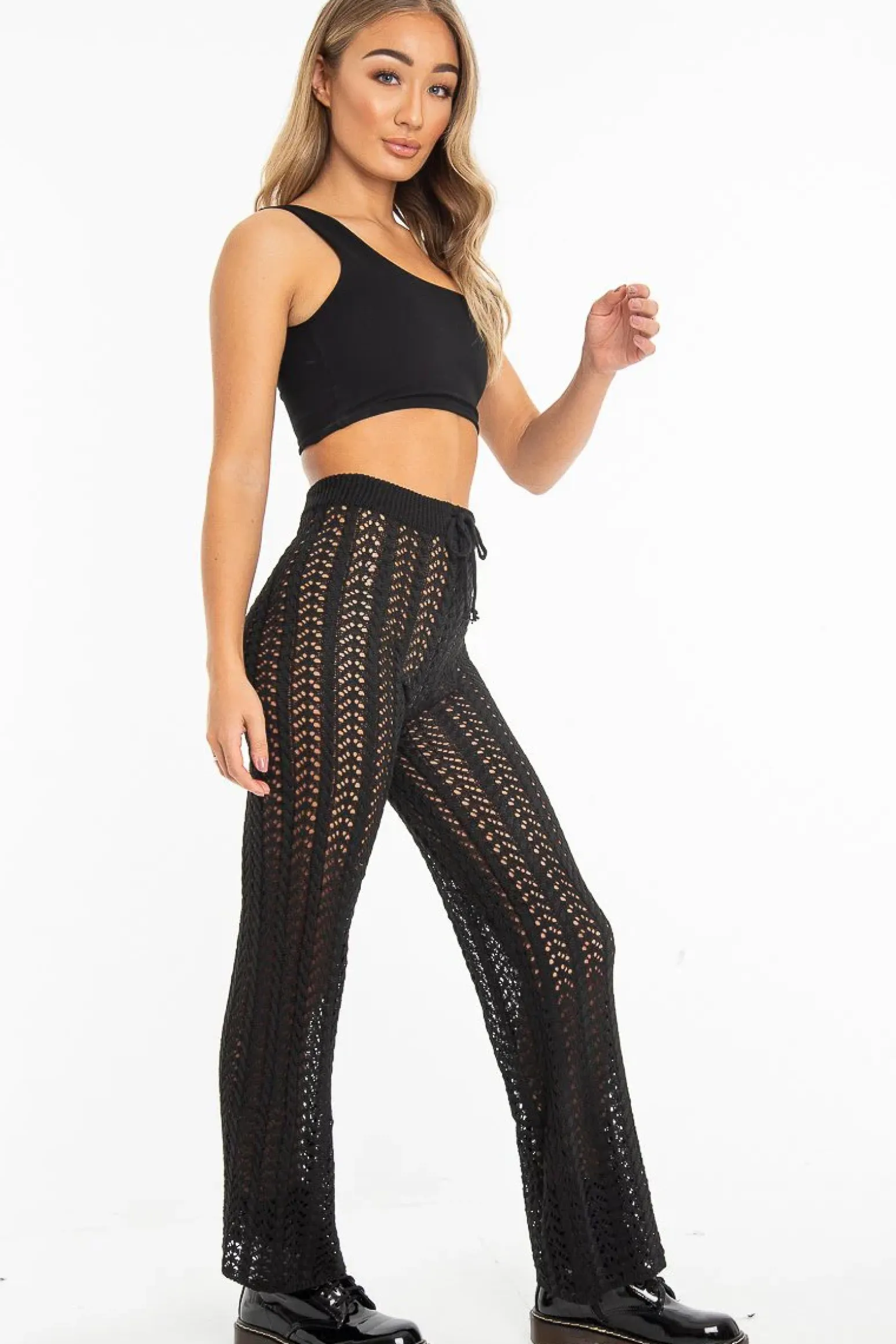 Rebellious Fashion Black Open Knit Tie Waist Flared Trousers - Nadine