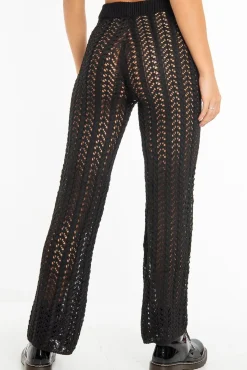 Rebellious Fashion Black Open Knit Tie Waist Flared Trousers - Nadine