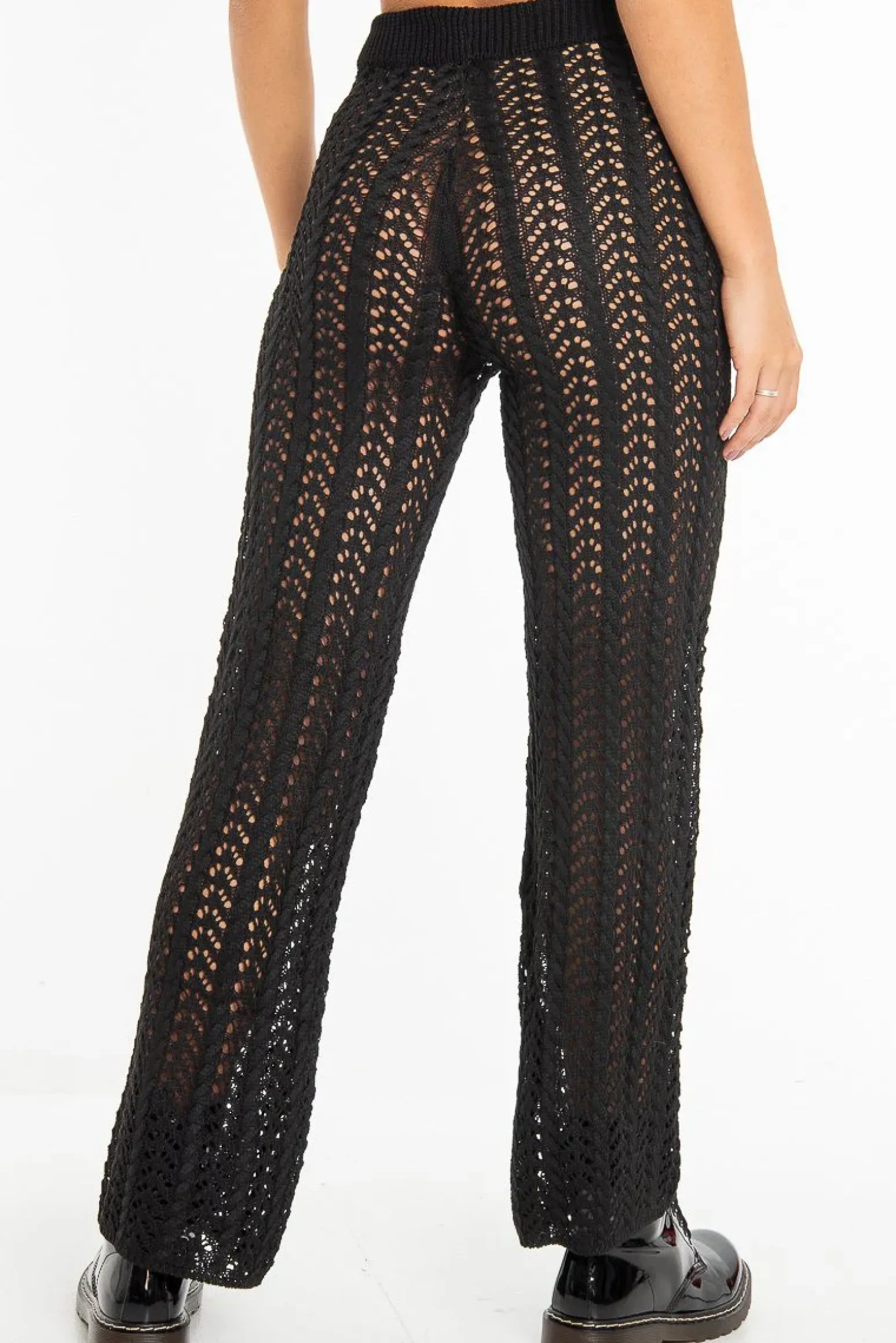 Rebellious Fashion Black Open Knit Tie Waist Flared Trousers - Nadine