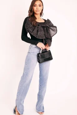 Rebellious Fashion Black Organza Bow Front Ribbed Top - Fergie