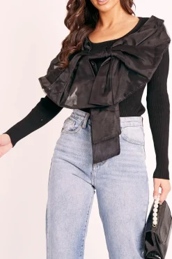 Rebellious Fashion Black Organza Bow Front Ribbed Top - Fergie