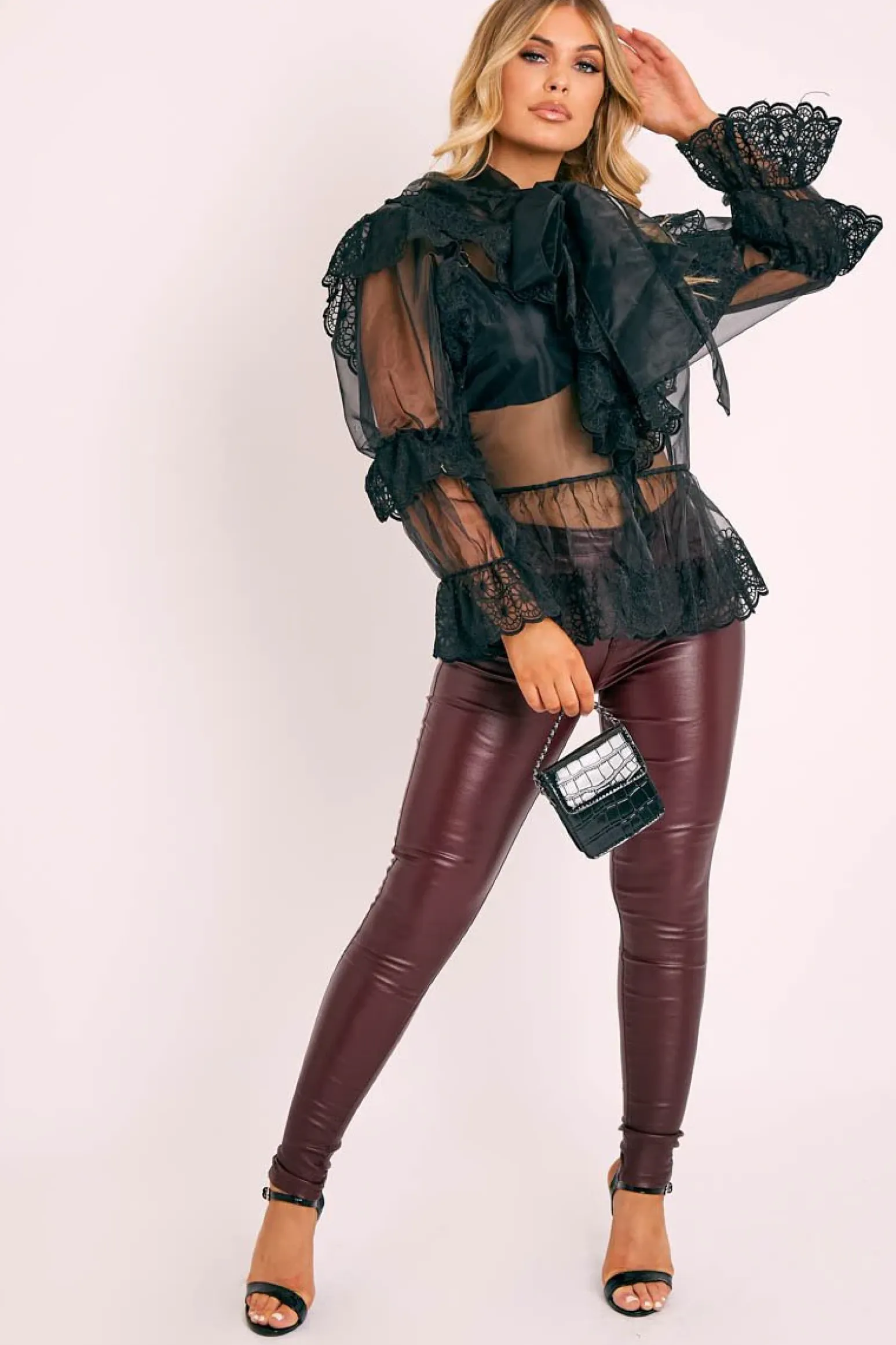 Rebellious Fashion Black Organza Oversized Floral Lace Shirt - Jeana