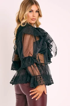 Rebellious Fashion Black Organza Oversized Floral Lace Shirt - Jeana