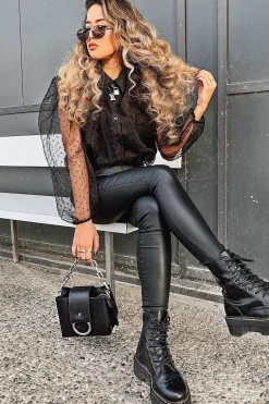 Rebellious Fashion Black Organza Polka Long Sleeve Shirt - Parrie