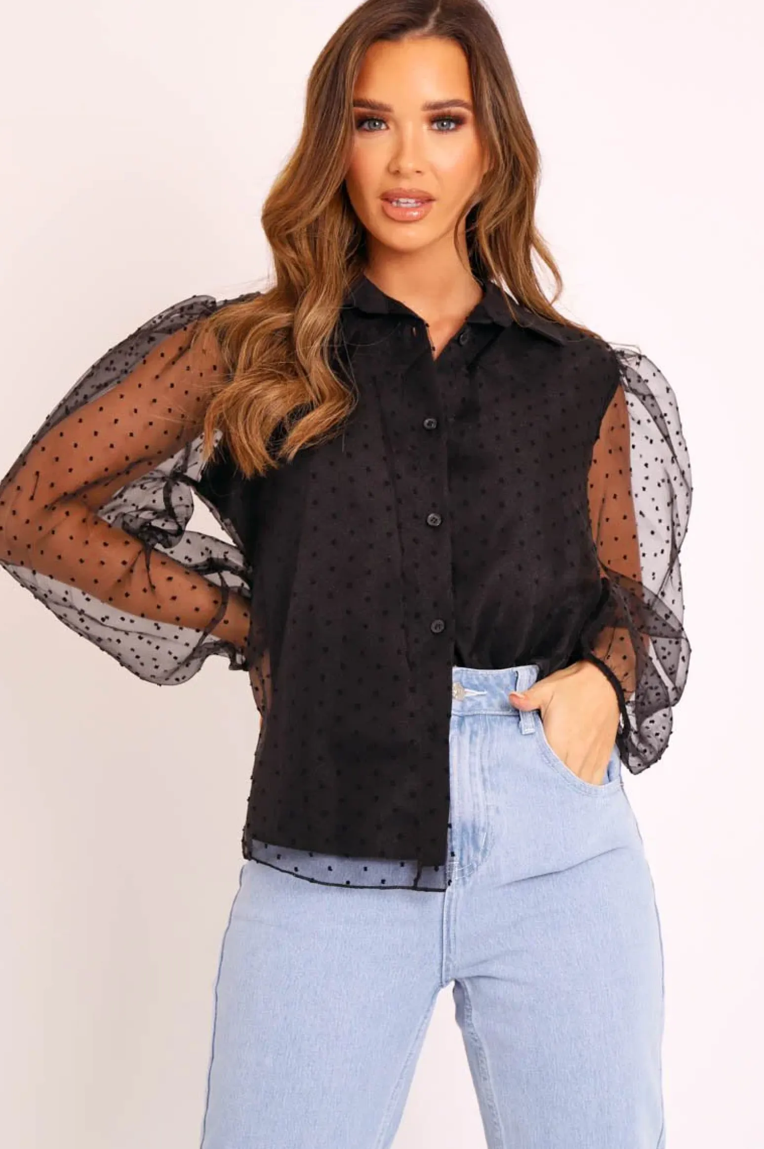 Rebellious Fashion Black Organza Polka Long Sleeve Shirt - Parrie