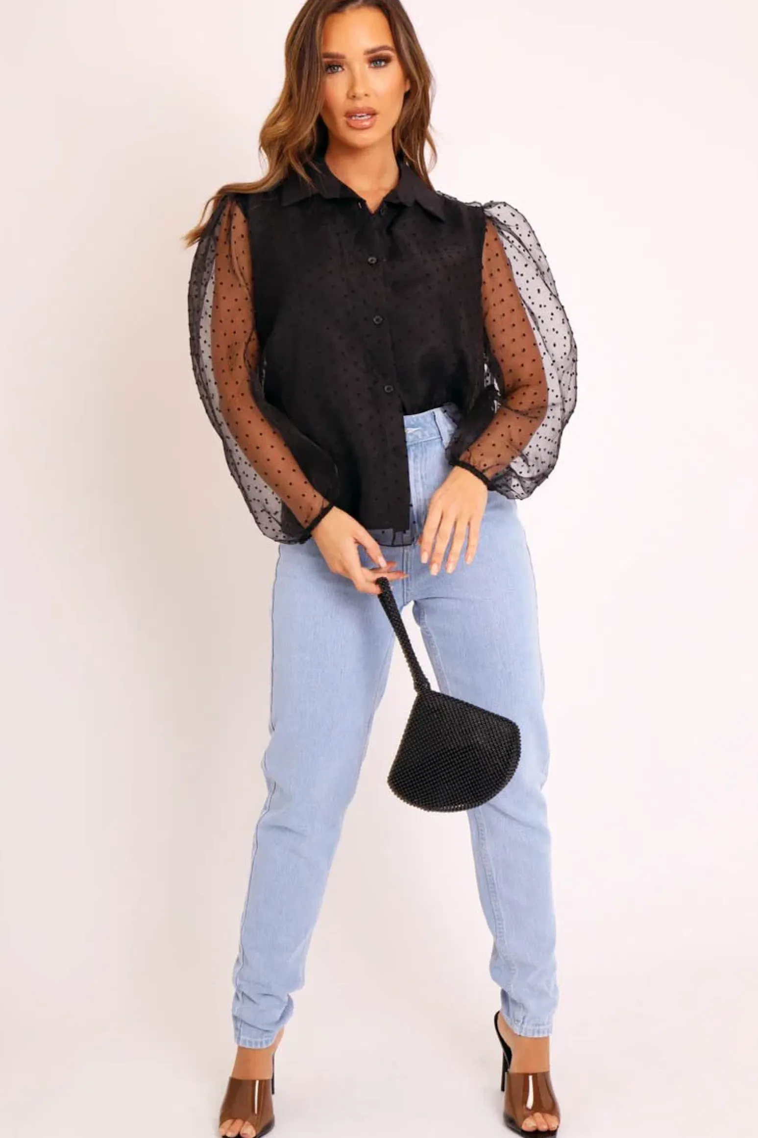 Rebellious Fashion Black Organza Polka Long Sleeve Shirt - Parrie