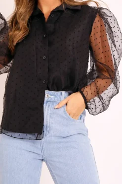 Rebellious Fashion Black Organza Polka Long Sleeve Shirt - Parrie