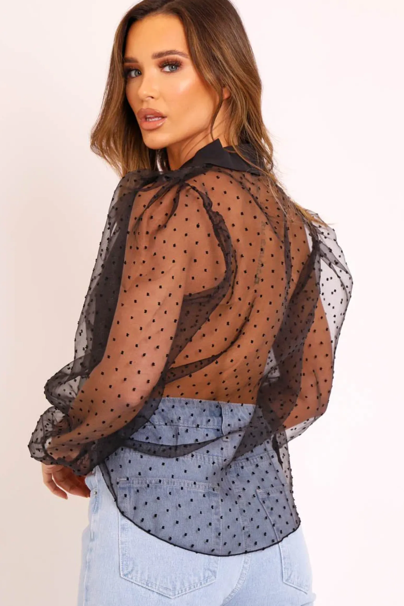 Rebellious Fashion Black Organza Polka Long Sleeve Shirt - Parrie
