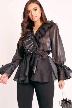 Rebellious Fashion Black Organza Ruffle Wrap Blouse - Gabrielle