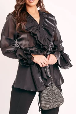 Rebellious Fashion Black Organza Ruffle Wrap Blouse - Gabrielle
