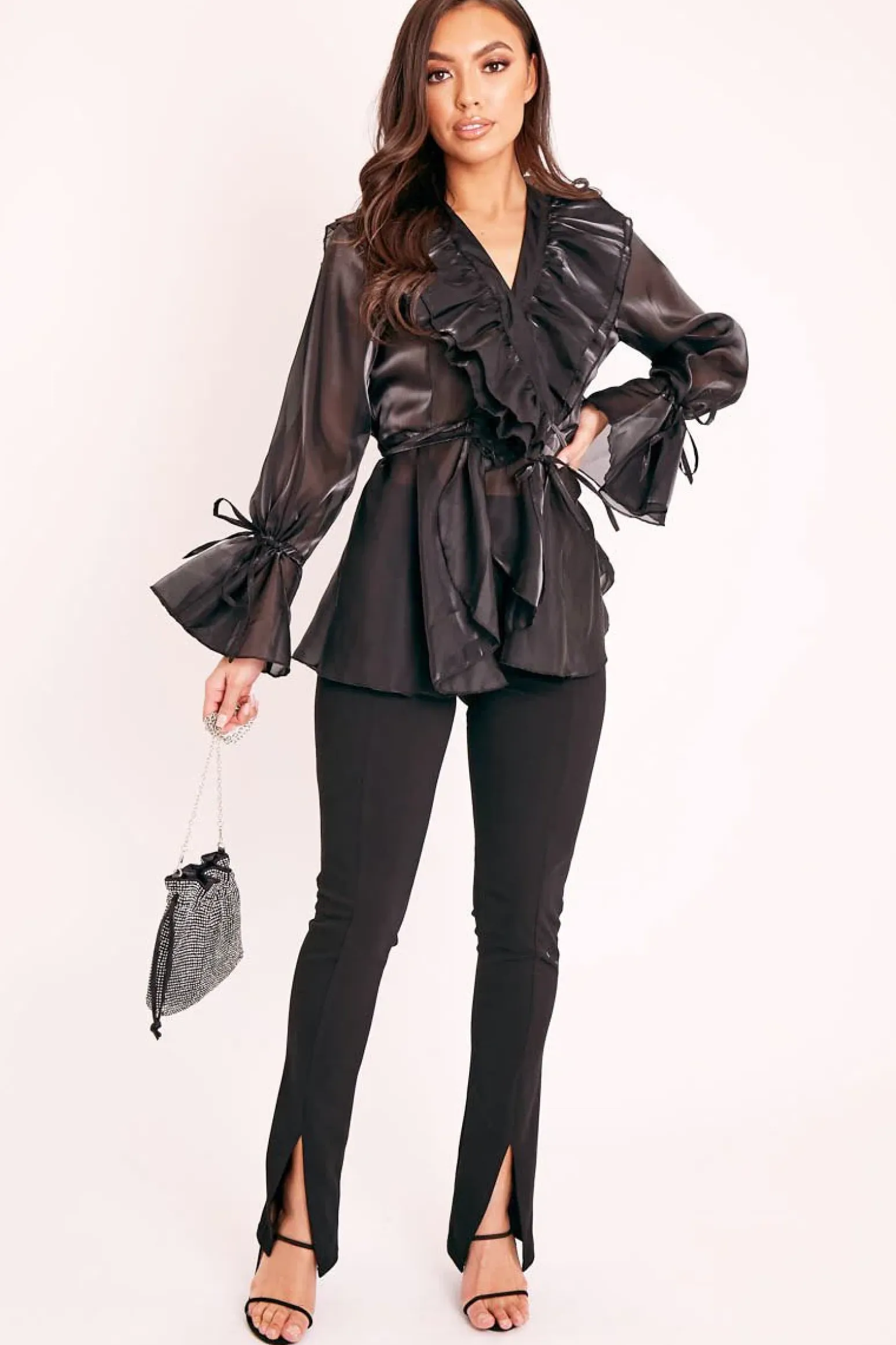 Rebellious Fashion Black Organza Ruffle Wrap Blouse - Gabrielle