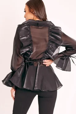Rebellious Fashion Black Organza Ruffle Wrap Blouse - Gabrielle