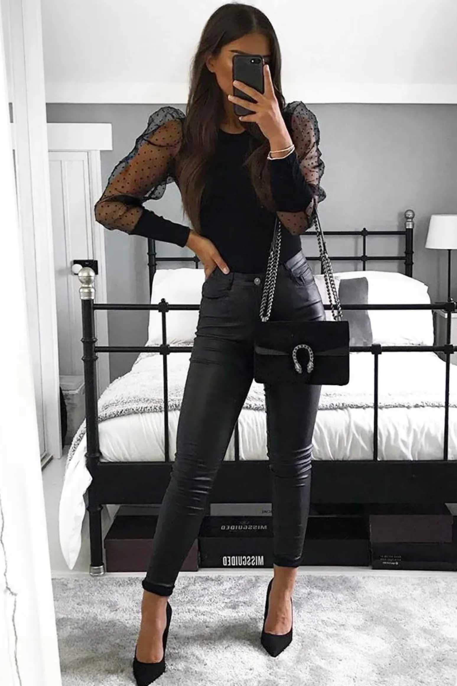 Rebellious Fashion Black Organza Swiss Dot Sleeve Ribbed Bodysuit - Tamie