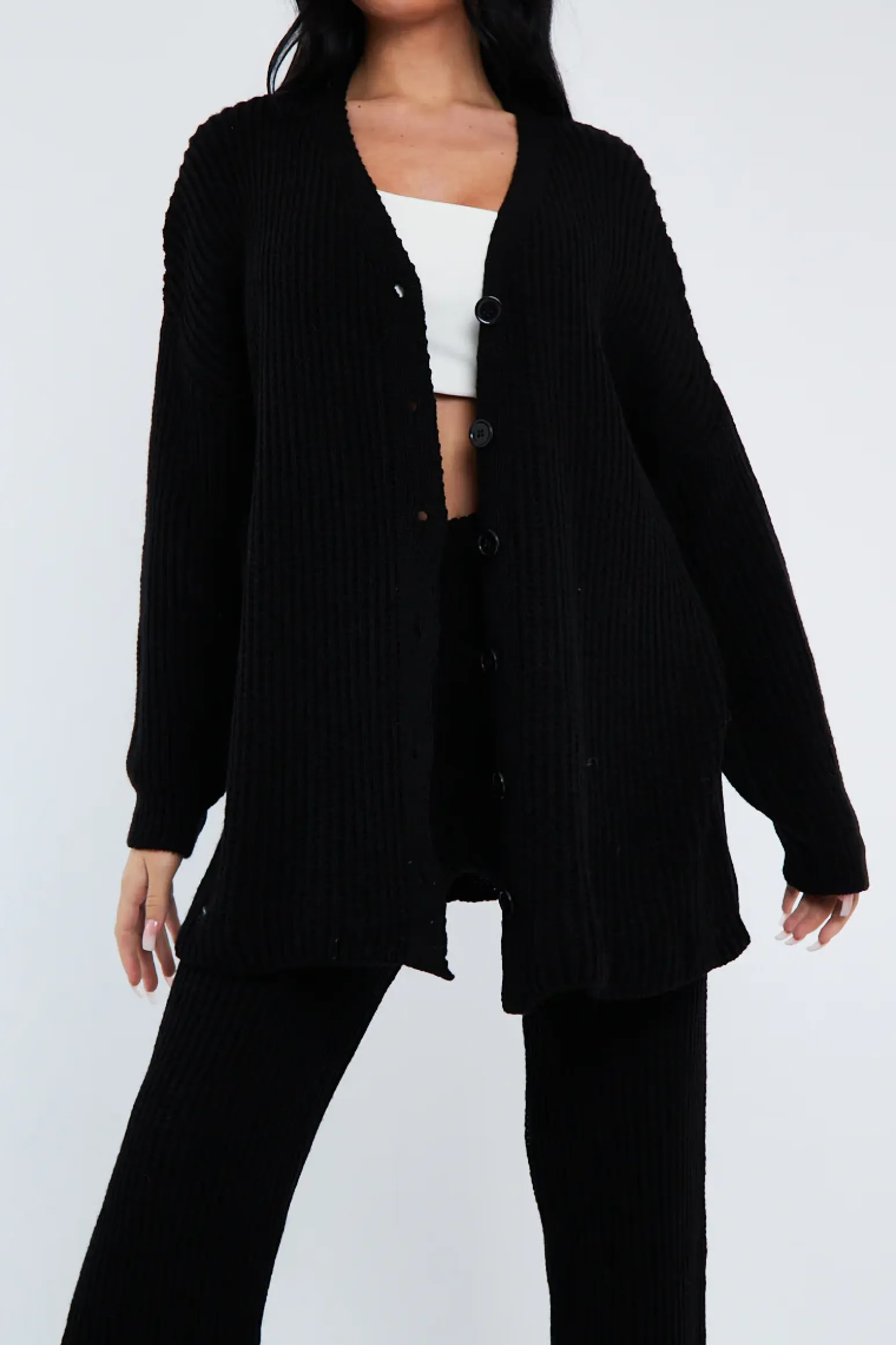 Rebellious Fashion Black Oversized Knit Cardigan & Trouser Set - Marra