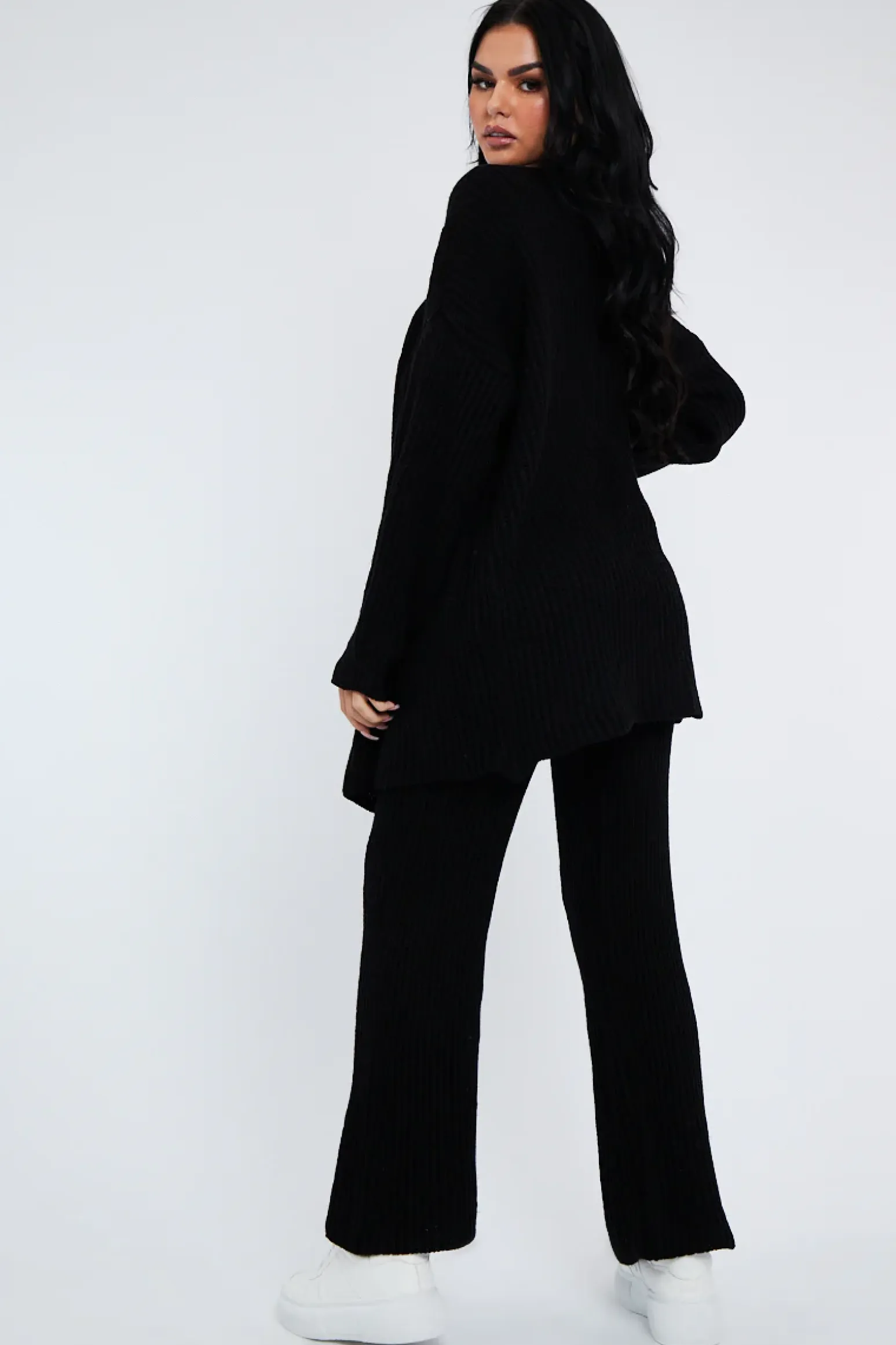 Rebellious Fashion Black Oversized Knit Cardigan & Trouser Set - Marra