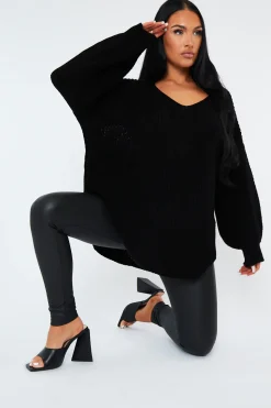 Rebellious Fashion Black Oversized Knit V Neck Sweater - Evelyn