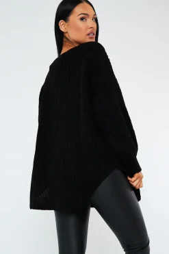 Rebellious Fashion Black Oversized Knit V Neck Sweater - Evelyn