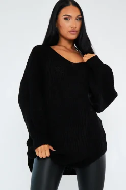 Rebellious Fashion Black Oversized Knit V Neck Sweater - Evelyn